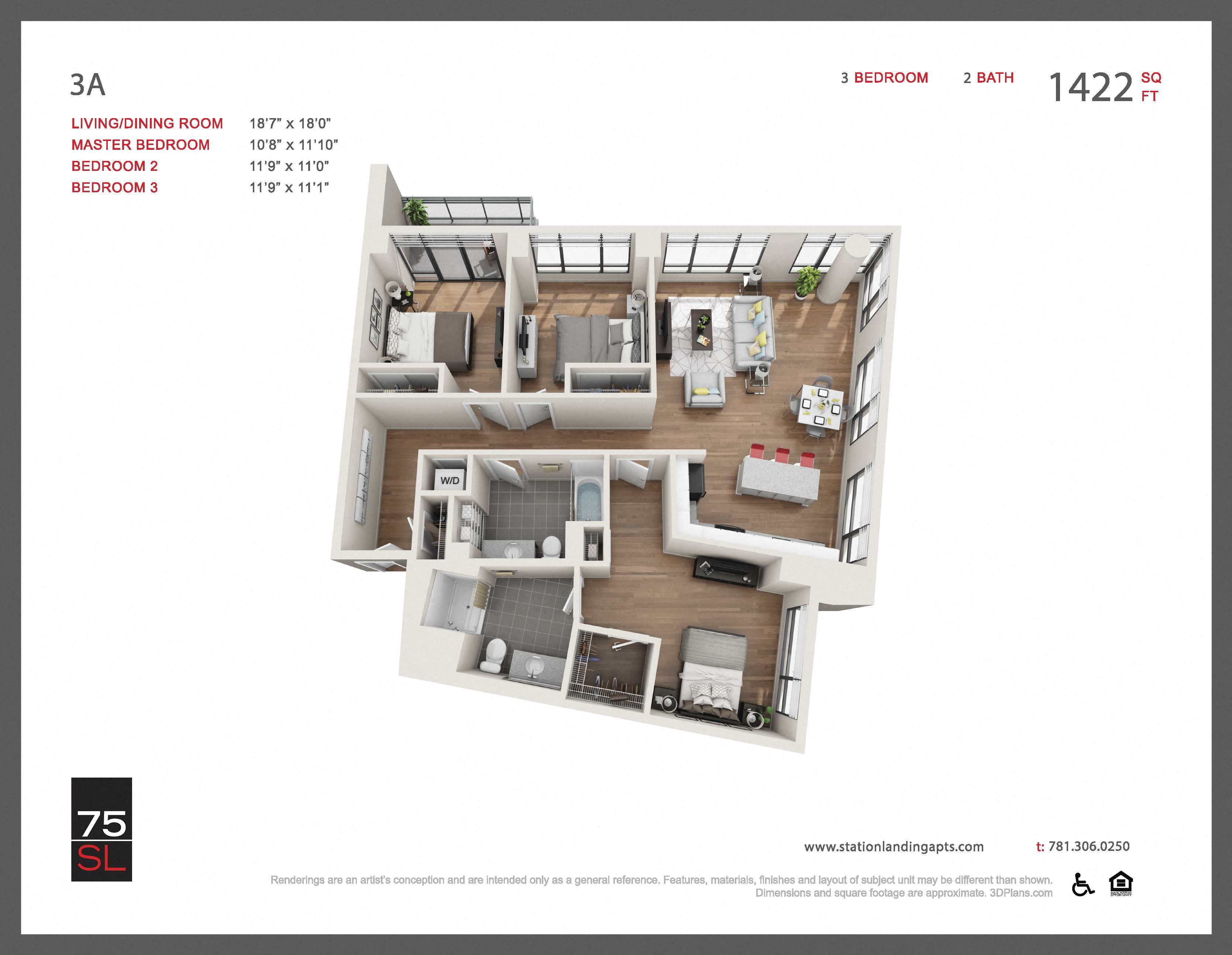 Floor plan for 3 beds, 2 baths, 1431 sqft